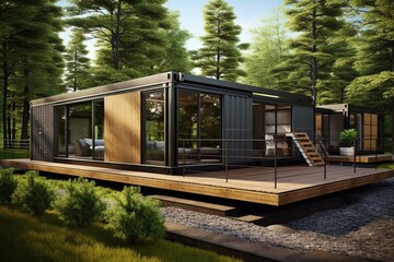 Home concepts: wooden wall shipping container homes in 3D. Generative AI