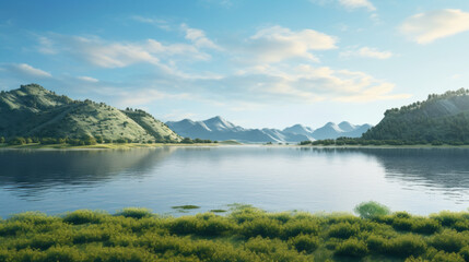 Obraz premium A tranquil lake shimmers in the morning light, surrounded by a dense forest The reflections of the trees dance across the water, creating a serene and peaceful atmosphere