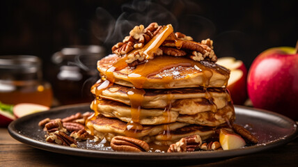 Delicious autumn pancake stack with baked apples, pecans and cinnamon topped with maple syrup
