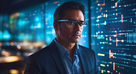 Middle-aged Businessman Contemplating in Office, Wearing Eyeglasses. Business Management Executive. Handsome businessman