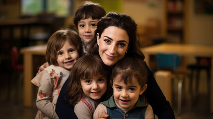 Fototapeta premium A teacher in a kindergarten or elementary school surrounded by her students.