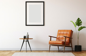 a white room with a black wooden frame mockup, in the Modern living room,  quirky characters and furnitures, light brown and light amber, midcentury modern, with wall art empty frame, mock up wall art