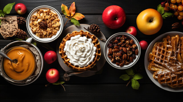 Top view image of table with food, autumn fall style pies and waffles