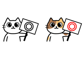 丸印の看板を持つ猫のイラスト