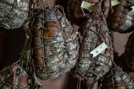 Culatello di Zibello traditional italian ham production cellar