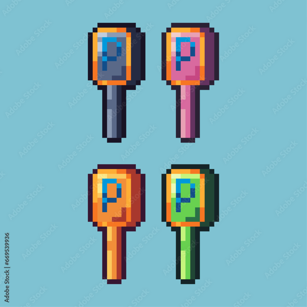 Poster pixel art sets of parking sign with variation color item asset. simple bits of parking sign pixelate