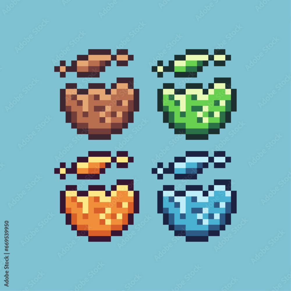 Poster pixel art sets of cracking cookies with variation color item asset. simple bits of cookies pixelated
