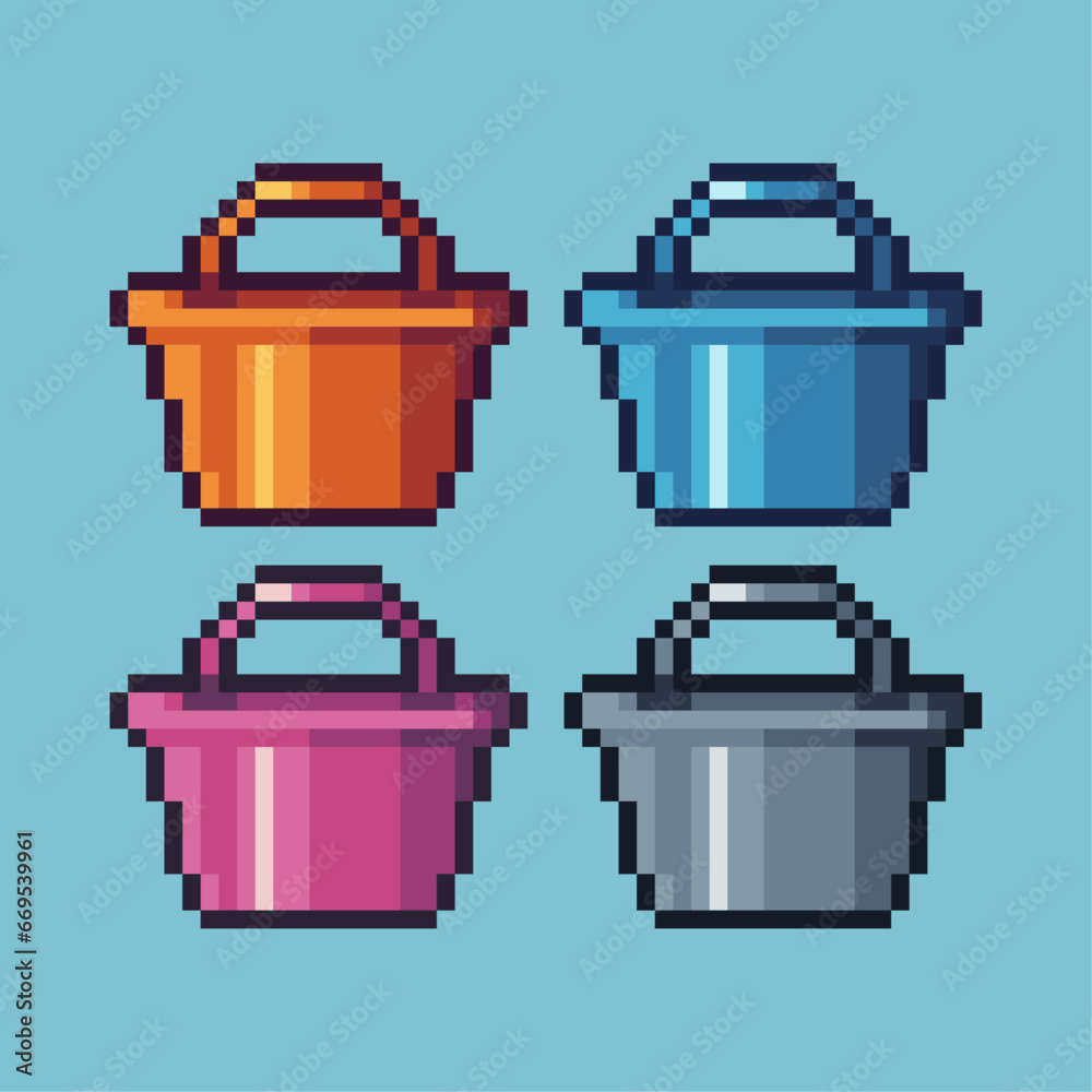 Poster pixel art sets of cart with variation color item asset. simple bits of shopping cart pixelated style