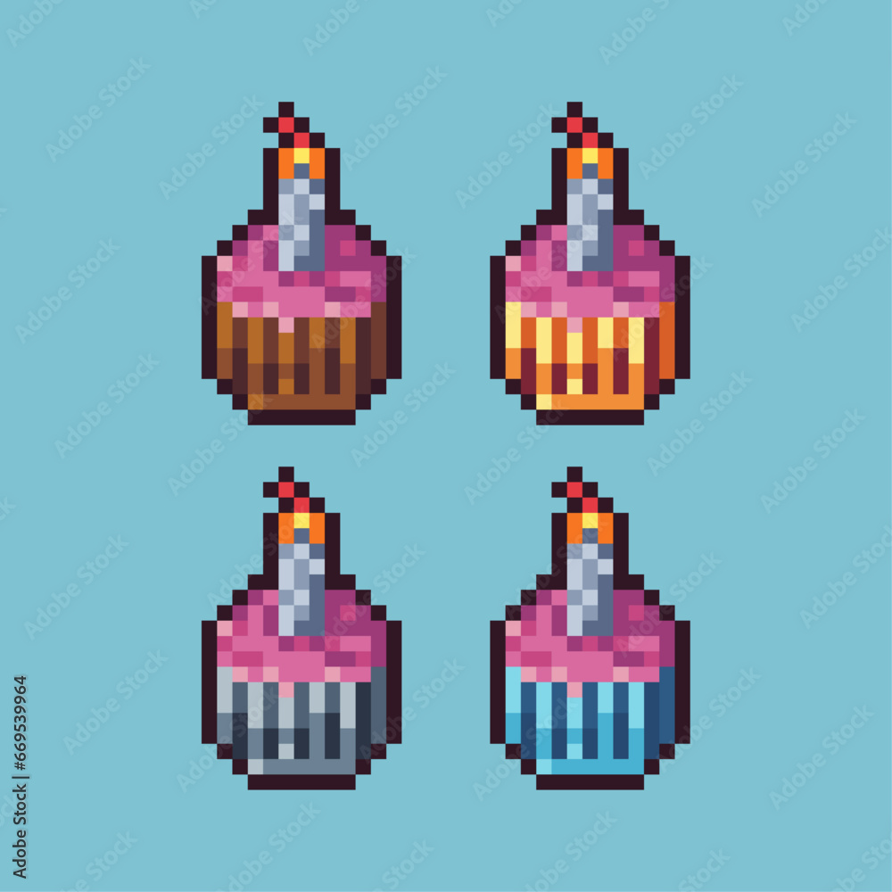 Poster pixel art sets of cake with candle with variation color item asset. simple bits of cake pixelated st