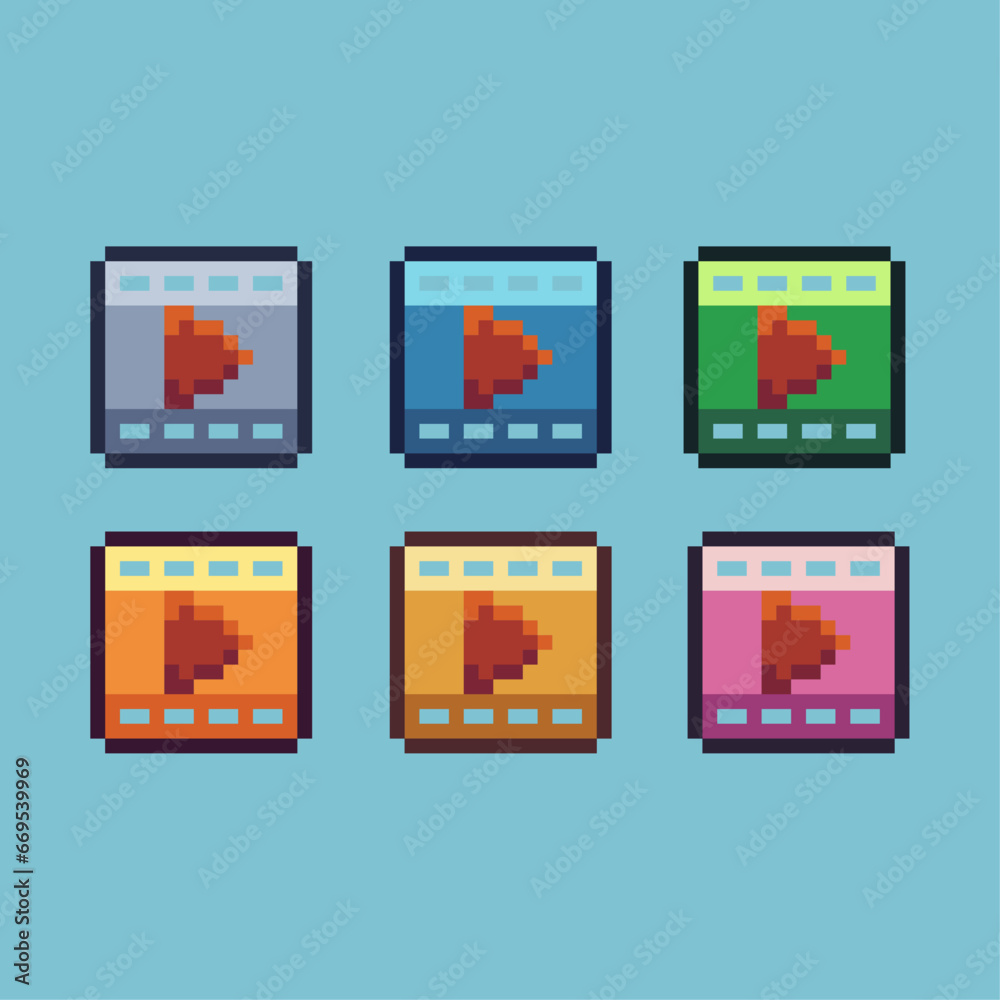 Fototapete pixel art sets of play button with variation color item asset. simple bits of gold play pixelated st