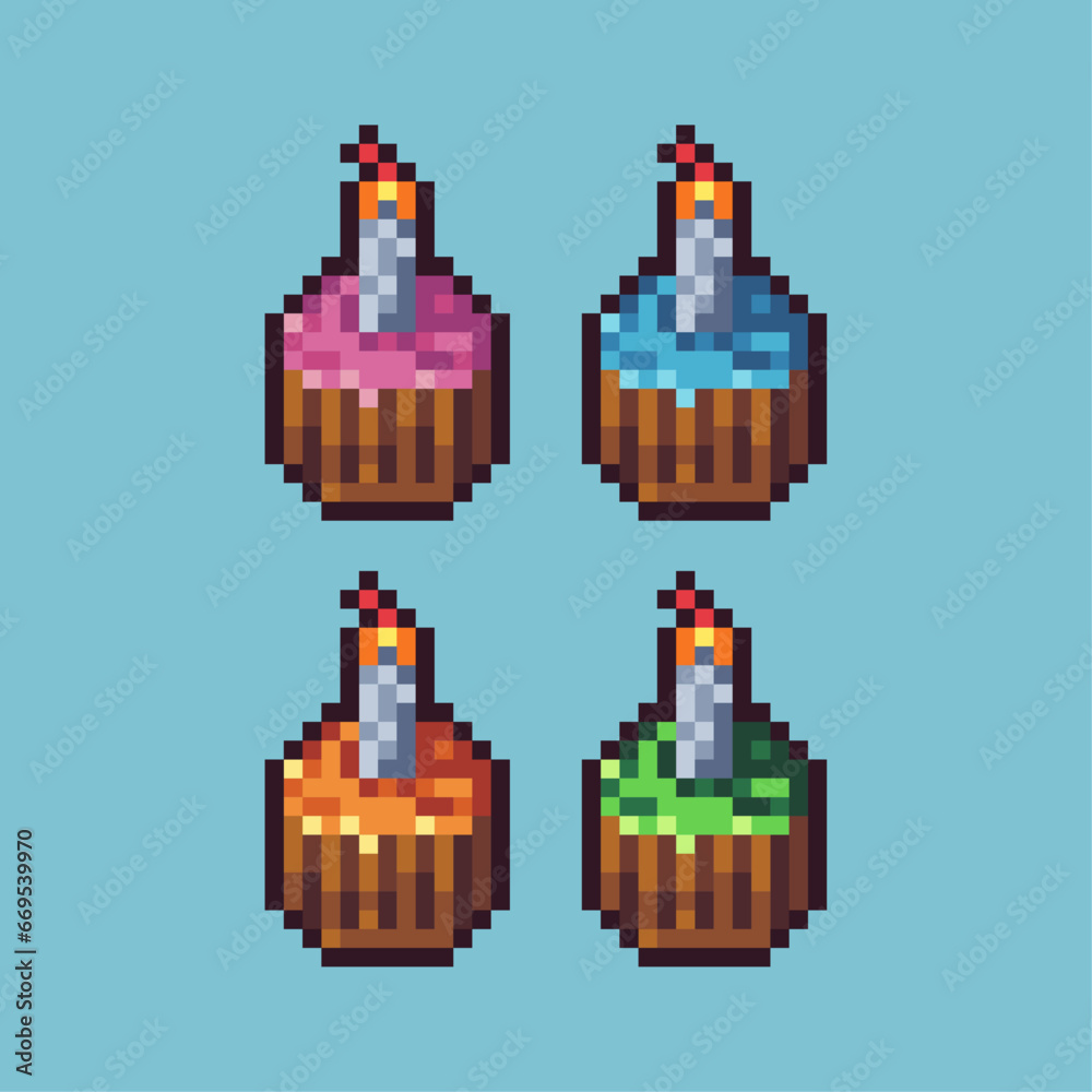 Poster pixel art sets of cake with candle with variation color item asset. simple bits of cake pixelated st