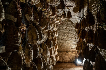 Culatello di Zibello traditional italian ham production cellar