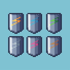 Pixel art sets of electric shield silver with variation color item asset. Simple bits of shield pixelated style. 8bits perfect for game asset or design asset element for your game design asset.