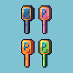 Pixel art sets of parking sign with variation color item asset. Simple bits of parking sign pixelated style. 8bits perfect for game asset or design asset element for your game design asset.