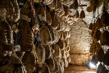 Culatello di Zibello traditional italian ham production cellar