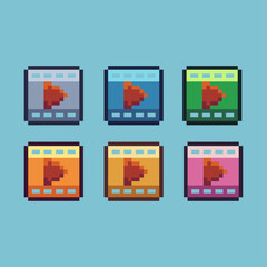 Pixel art sets of play button with variation color item asset. Simple bits of gold play pixelated style. 8bits perfect for game asset or design asset element for your game design asset.
