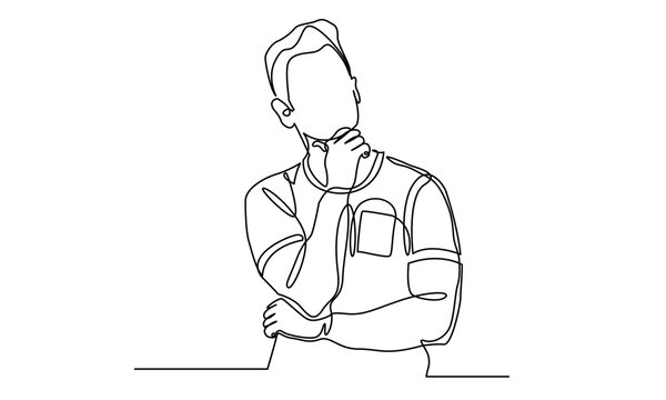 Continuous line drawings of a young man thinking.worried man thinking problem about businessman
confused vector illustration. one line drawing of a thinking man. 