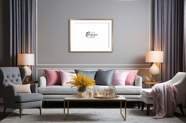 modern living room surrounded by gray walls, in the style of indoor still life, pastel colors, classic living style, 3 wall art mockup