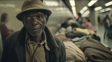 Fictitious old African man blinded in one eye working as a street vendor selling clothes in a European metro station AI generative - obrazy, fototapety, plakaty