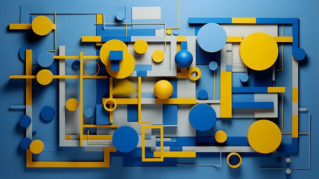 abstract background of 3D photorealistic circles and rectangle shapes in blue and yellow colors. Neural network generated image. Not based on any actual scene or pattern.