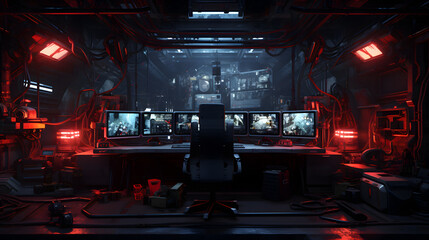 Messy and dark hi-tech cyberpunk hacker hideout room. Neural network generated image. Not based on any actual person or scene.