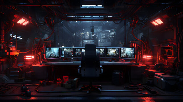 Messy and dark hi-tech cyberpunk hacker hideout room. Neural network generated image. Not based on any actual person or scene.