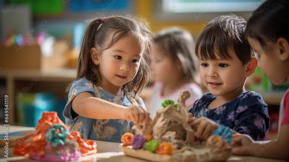 Poster Group of preschoolers makes a paper and paint crafts on classroom lessons