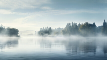 A thick fog rolling in over a still lake in the early morning