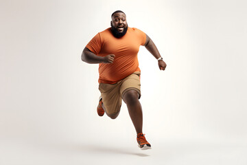 Fototapeta na wymiar Overweight young adult African American man running on white background, concept of overweight and weight loss. Neural network generated image. Not based on any actual person or scene.