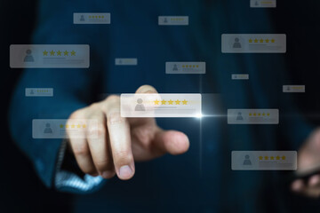 Customer review good rating concept, hand pressing user and five star icon on visual screen for positive customer feedback, testimonial and testimony, user comment and feedback for review.