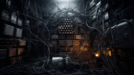 A tangled web of wires runs along the wall, connecting a variety of electronic components