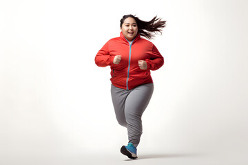 Overweight young adult Asian woman running on white background, concept of overweight and weight loss. Neural network generated image. Not based on any actual person or scene.