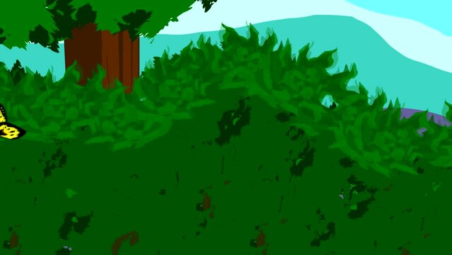 Animated video of a butterfly flying in the forest, insect, nature.