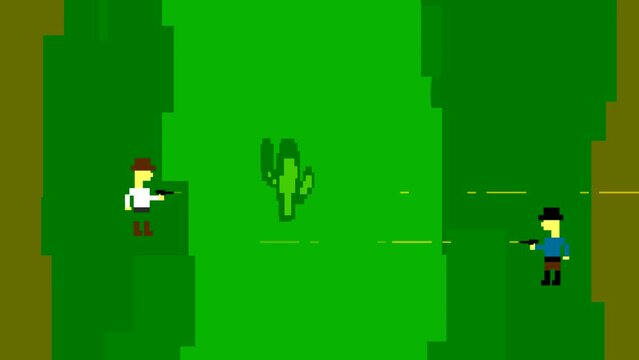 Animation of an old game in 8-bit pixel style, of men running and shooting each other, western.