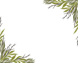 white background with green leaves border