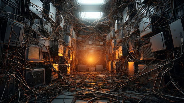 A tangled web of wires runs along the wall, connecting a variety of electronic components