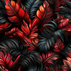 Seamless tropical texture pattern with red palm leaves on a black background. Hawaiian ornament - obrazy, fototapety, plakaty