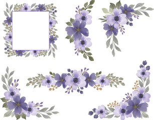 purple elegant floral frame, arrangement of purple watercolor floral frame for wedding card