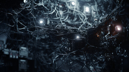 A tangled web of wires runs along the wall, connecting a variety of electronic components