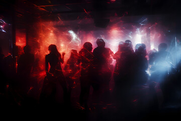 Obraz premium Crowd of dancing people in the night club on the dance floor surrounded with lights and smoke. Neural network generated photorealistic image. Not based on any actual person or scene.