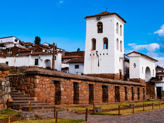 Stunning view of Chinchero old town, with inca stone walls and colonial white houses, sacred valley near Cusco, Peru
