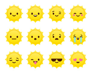 Cute emoticon set: adorable cartoon sun face with different emotions. Flat vector emoji illustration.