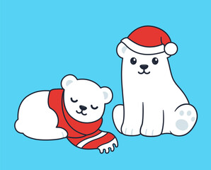 Cute cartoon polar bear cubs in winter hat and scarf, Christmas greeting card illustration.