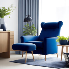 Dark blue sofa and recliner chair in Scandinavian apartment. Interior design of modern living room.