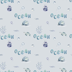 Watercolor seamless pattern with underwater world Bright fish, whale, shark dolphin starfish animals. Jellyfish seashells. Sea and ocean fish life background