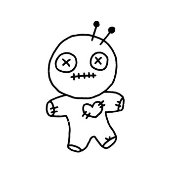 Simple hand drawn halloween cute voodoo rag doll girl black outline vector design isolated on white background