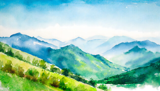 Mountain range landscape on watercolor painting on digital art concept, Generative AI.