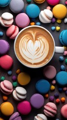 Fototapeta na wymiar Cup of coffee with latte art and colorful macaroons. Coffee concept with a copy space.