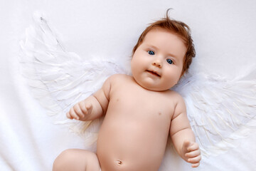 Beautiful Baby . Cute infant angel with wings isolated on white. lovely baby with wings of an angel...