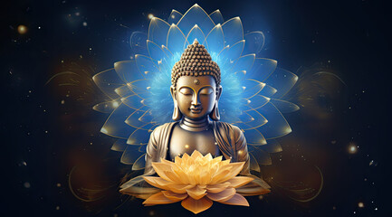 glowing golden buddha sitting on a big lotus, decorated with flowers - obrazy, fototapety, plakaty